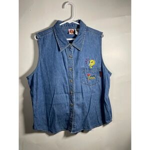 Looney Tunes Tweety Bird Denim Sleeveless‎ Button Up Shirt Women's XL